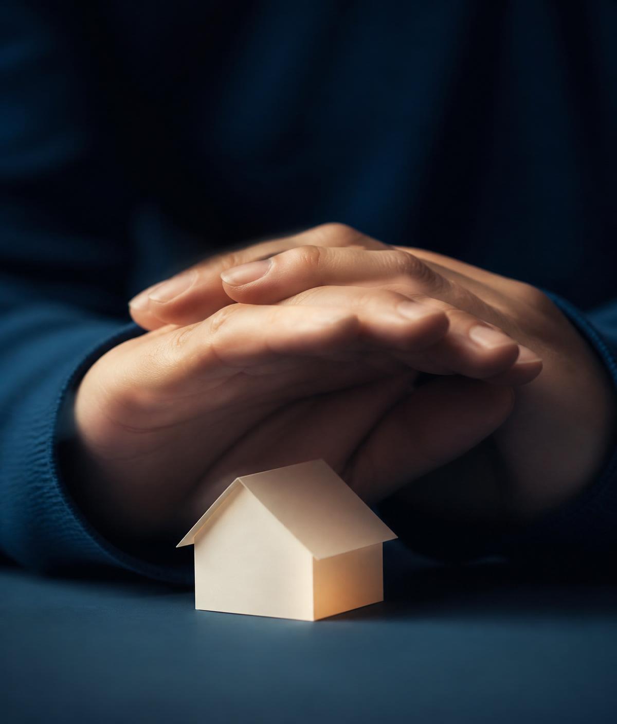 Mãos protegendo uma pequena casa de papel